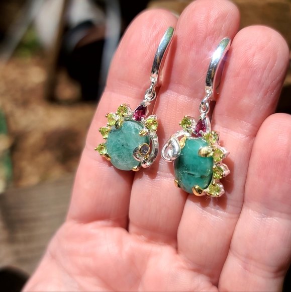 Emerald Peridot Crome Diopside &Tanzanite sterling earrings - Picture 3 of 8